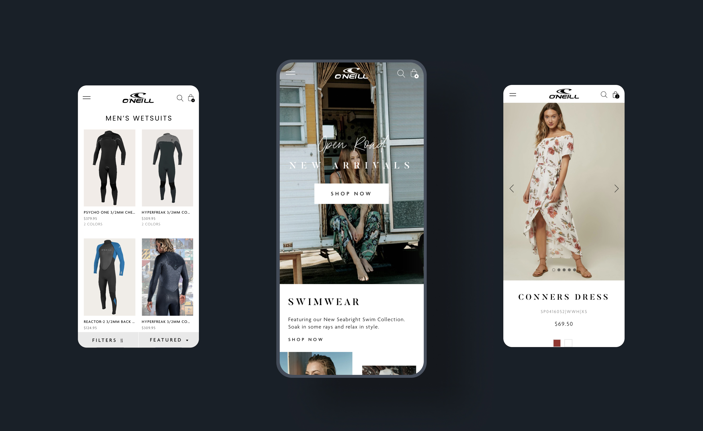 mobile-first approach, e-commerce design on 3 phones